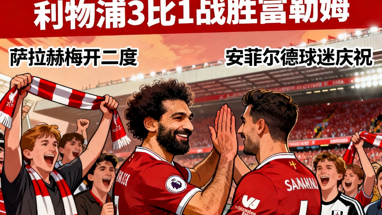 搜球吧赛后战报利物浦3比1战胜富勒姆，萨拉赫梅开二度，安菲尔德球迷庆祝